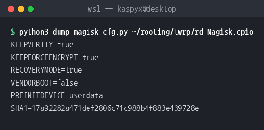 Magisk 패치 램디스크 안의 .backup/.magisk 설정 파일 내용. RECOVERYMODE=true, KEEPVERITY=true, PREINITDEVICE=userdata 등이 보인다