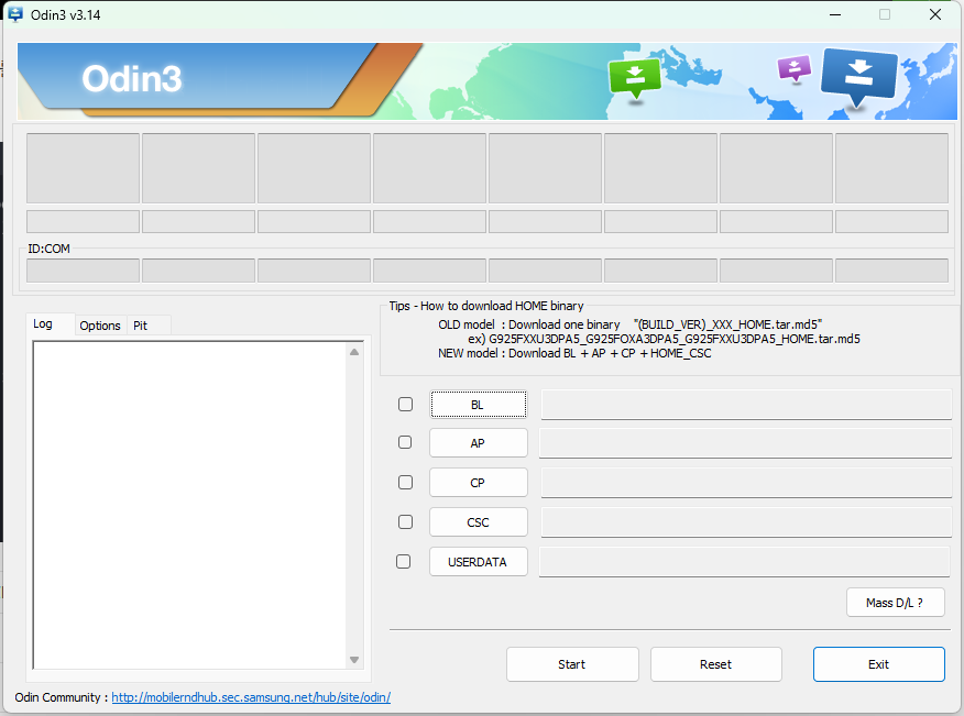 Odin3 v3.14 메인 창 스크린샷. BL, AP, CP, CSC, USERDATA 슬롯 다섯 개와 Log 탭, 하단의 Start·Reset·Exit 버튼이 보이고 상단 ID:COM 영역은 기기가 연결되지 않아 비어 있다