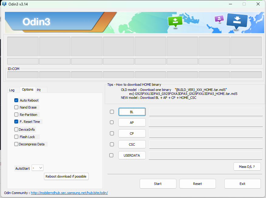 Odin3 v3.14 Options 탭 스크린샷. Auto Reboot 와 F. Reset Time 이 체크된 상태이고 Nand Erase, Re-Partition, DeviceInfo, Flash Lock, Decompress Data 는 해제돼 있다